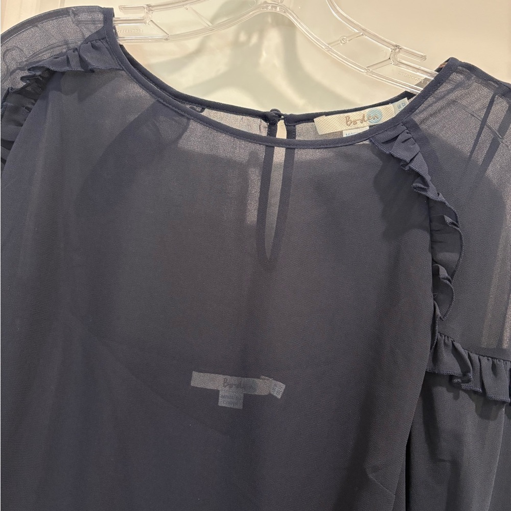 Boden Sheer Navy Ruffle-Trim Blouse